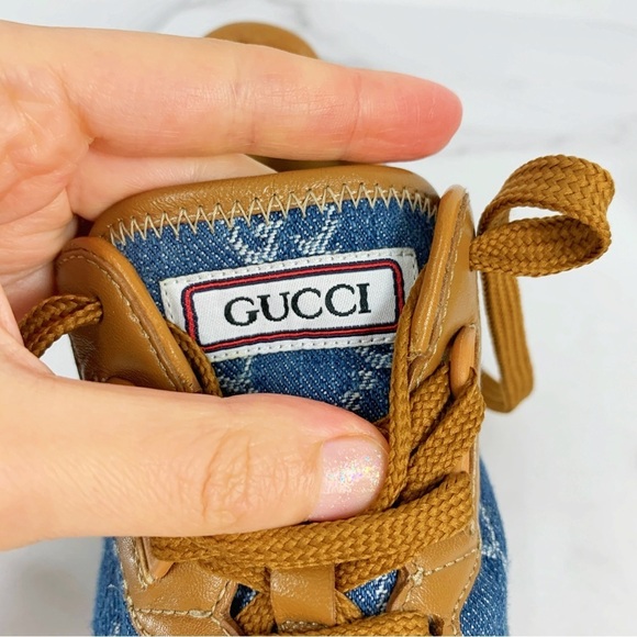 GUCCI GG Denim Monogram Cognac Calfskin Leather Sneakers 38.5 - Picture 11 of 15